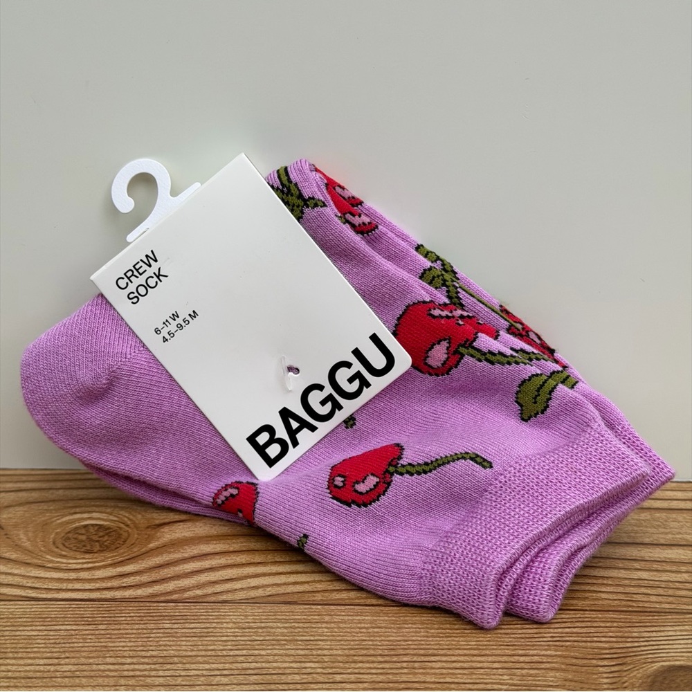 BAGGU Crew Sock Cherries NEW Cute Fruit Pattern Purple Red Cherry